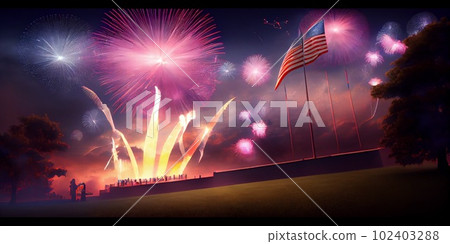 4th of july fireworks on american flag background. Ai Generative 102403288