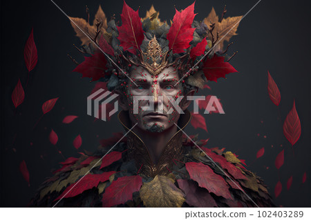 Human King of the Fairies and elves with a wooden crown of leaves and gems close-up illustration generative ai Human King of the Fairies and elves with a wooden crown of leaves and gems close-up illustration generative ai 102403289