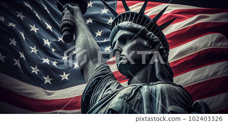 Statue of Liberty with the U.S. flag in the background. AI Generative 102403326