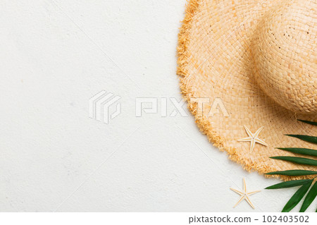 Summer holidays. Summer concept with straw hat and tropical leaf. Flat lay, top view, copy space 102403502