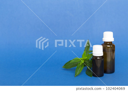 Natural Mint Essential Oil in a Glass Bottle. organic cosmetics with herbal extracts of mint on colored background 102404069