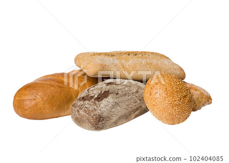 Homemade natural breads. Different kinds of fresh bread isolated on white background, perspective view with copy space 102404085