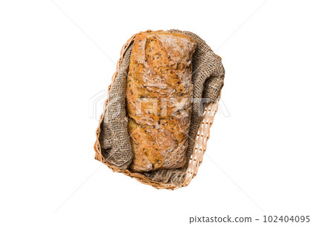 Freshly baked bread on basket isolated on white background. top view bread copy space Freshly baked bread on basket isolated on white background. top view bread copy space 102404095