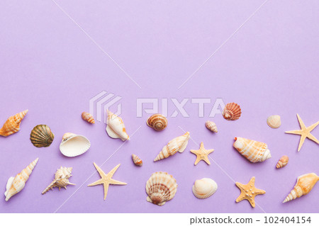 Summer time concept Flat lay composition with beautiful starfish and sea shells on colored table, top view with copy space for text 102404154