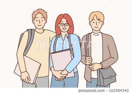 College friends with backpacks and workbooks smiling looking at camera for group photo with friends College friends with backpacks and workbooks smiling looking at camera for group photo with friends 102404342