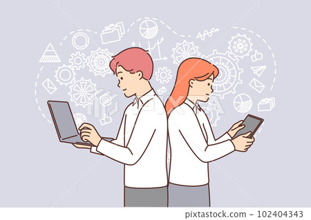 Man and woman with gadgets are doing business brainstorming standing among gears Man and woman with gadgets are doing business brainstorming standing among gears 102404343