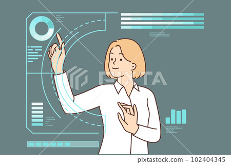 Business woman touches holographic dashboard or virtual screen symbolizing high technologies Business woman touches holographic dashboard or virtual screen symbolizing high technologies 102404345