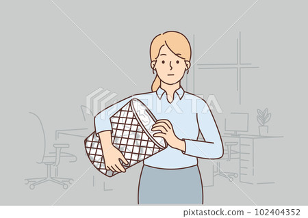 Woman secretary with trash can filled with crumpled paper is looking for lost document Woman secretary with trash can filled with crumpled paper is looking for lost document 102404352