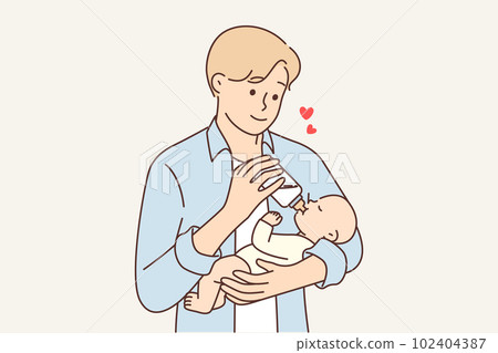 Man feeds newborn baby experiencing fatherly love for baby for concept of equal parenting 102404387