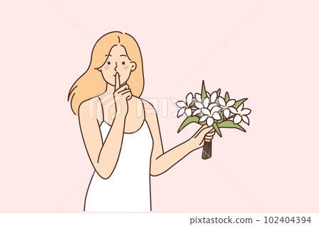 Woman with bouquet of flowers makes shh gesture with finger to lips, wanting to surprise loved one 102404394