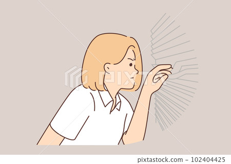 Suspicious woman looks through blinds at window, suffering from paranoia and distrust of neighbors 102404425
