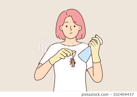 Embarrassed woman holding cockroach and spray bottle with insecticide or pest control Embarrassed woman holding cockroach and spray bottle with insecticide or pest control 102404437