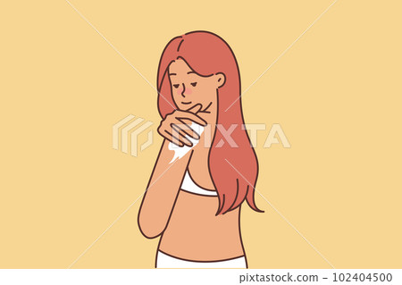 Woman uses sunscreen before going at beach or going to pool in sunny summer weather Woman uses sunscreen before going at beach or going to pool in sunny summer weather 102404500
