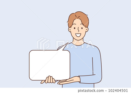 Man holds speech bubble and shows hand on copy space for informative text with important message Man holds speech bubble and shows hand on copy space for informative text with important message 102404501