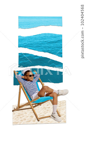 Little boy, child in striped shirt sitting on chair on sand and resting. Summer sea holidays. Contemporary art collage. Little boy, child in striped shirt sitting on chair on sand and resting. Summer sea holidays. Contemporary art collage. 102404568