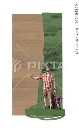 Man, happy tourist with backpack, catching car. Hiking, camping, summertime activity in nature. Contemporary art collage. Man, happy tourist with backpack, catching car. Hiking, camping, summertime activity in nature. Contemporary art collage. 102404569