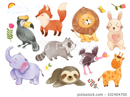 Collection of wildlife animals and plant elements . Watercolor painting cartoon character design . Vector . 102404700