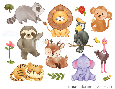 Collection of wildlife animals and plant elements . Watercolor painting cartoon character design . Vector . 102404703