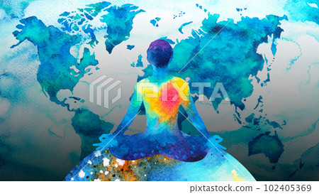 human meditate mind mental health yoga chakra spiritual healing abstract energy meditation connect the universe power watercolor painting illustration design drawing art 102405369