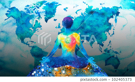 human meditate mind mental health yoga chakra spiritual healing abstract energy meditation connect the universe power watercolor painting illustration design drawing art 102405373