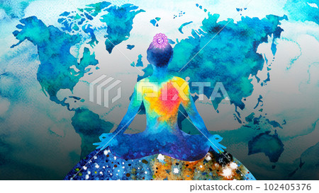 human meditate mind mental health yoga chakra spiritual healing abstract energy meditation connect the universe power watercolor painting illustration design drawing art 102405376