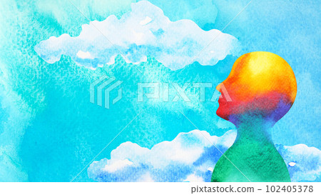 human head in blue sky abstract art mind mental health spiritual healing  free freedom feeling watercolor painting illustration design drawing 102405378