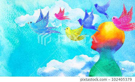 birds flying in blue sky abstract art mind mental health spiritual healing human head free freedom feeling watercolor painting illustration design drawing birds flying in blue sky abstract art mind mental health spiritual healing human head free freedom feeling watercolor painting illustration design drawing 102405379