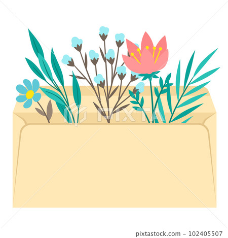 Envelope with flowers. Romantic letter with floral decor. 102405507