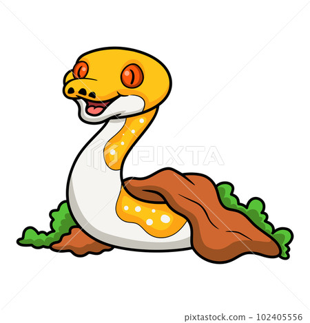 Cute albino pied reticulated python cartoon out from hole 102405556