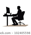 A simple silhouette of a male desk worker doing paperwork using a desk computer 102405598