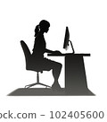 A simple silhouette of a female desk worker doing paperwork using a desk computer 102405600