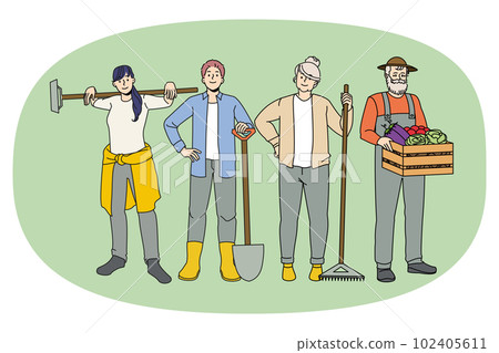 Diverse farmers with tools engaged in agriculture Diverse farmers with tools engaged in agriculture 102405611
