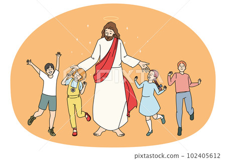 Smiling children dance near Jesus Christ Smiling children dance near Jesus Christ 102405612