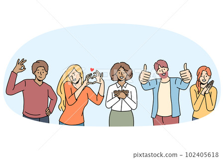 Happy people show diverse hand gestures 102405618