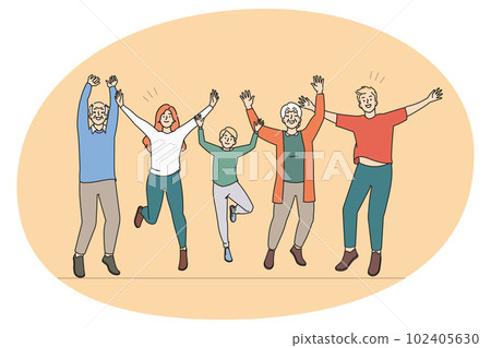 Happy three generations of family jump and celebrate 102405630