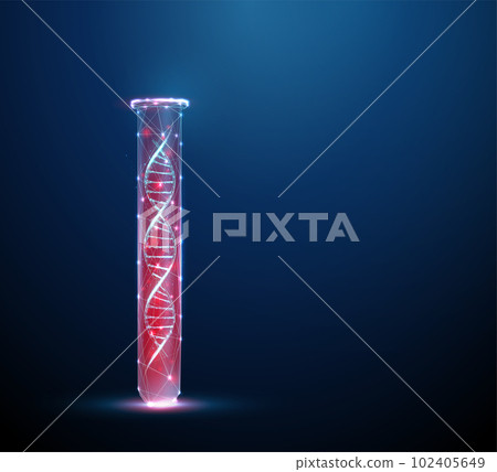 Blue 3d DNA molecule helix inside the lab test tube with red blood 102405649
