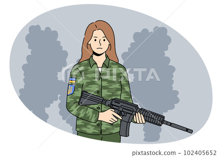 Ukrainian woman soldier in uniform hold gun 102405652