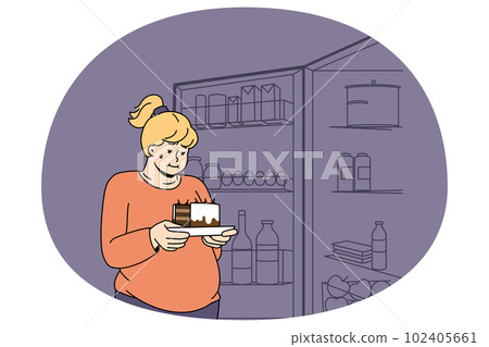 Fat woman near fridge hold piece of cake Fat woman near fridge hold piece of cake 102405661