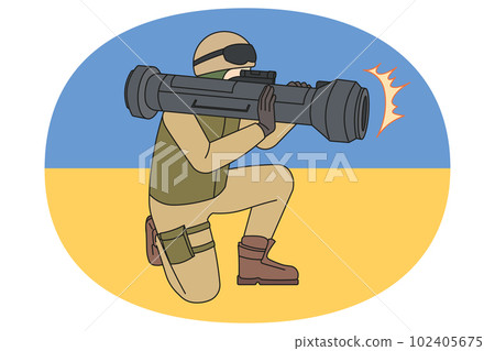 Soldier with missile weapon on Ukrainian flag isolated 102405675