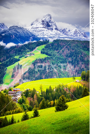 San Vigilio di Marebbe, Dolomites, northern Italy - Sass di Putia mountain, autumn scenics, snow covered. San Vigilio di Marebbe, Dolomites, northern Italy - Sass di Putia mountain, autumn scenics, snow covered. 102406047