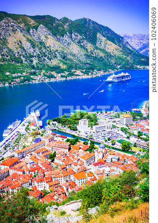 Kotor, Montenegro. Scenit sparkling Bay of Kotor, medieval walled city. 102406069