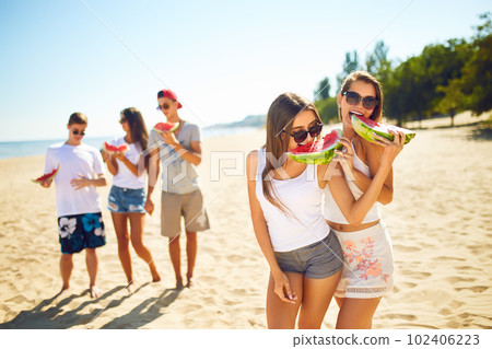 Group of friends having fun eating watermelon. on the beach. Excellent sunny weather. Super mood. Summer. Group of friends having fun eating watermelon. on the beach. Excellent sunny weather. Super mood. Summer. 102406223