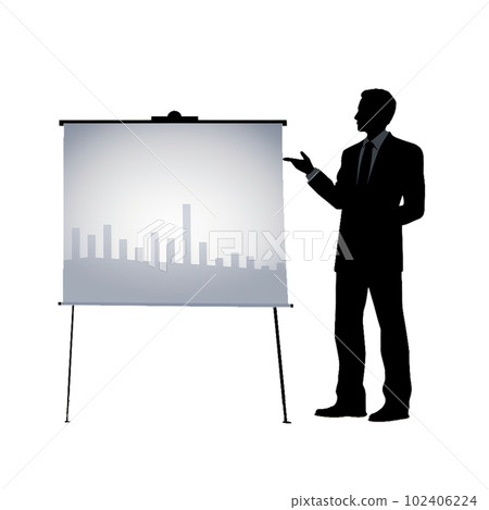 一個商人的簡單全身輪廓,他使用白板上的演示結果指出並解釋 一個商人的簡單全身輪廓,他使用白板上的演示結果指出並解釋 102406224