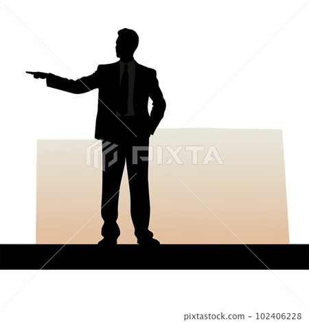 A full-body silhouette of a male businessman who makes a confident presentation on the stage 102406228