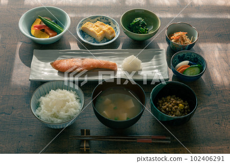 A Japanese breakfast served on a table in the morning sun A Japanese breakfast served on a table in the morning sun 102406291