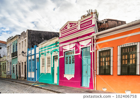 Colorful colonial houses at the historic district of Pelourinho in Salvador da Bahia, Brazil. 102406758