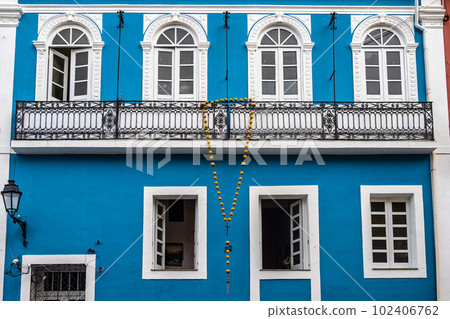 Colorful colonial houses at the historic district of Pelourinho in Salvador da Bahia, Brazil. 102406762