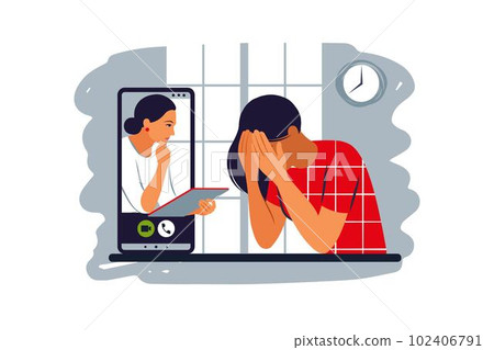 Psychology job online. Counseling depressions and anxiety. Two women are sitting and talking online. Mental health concept. Vector illustration. Psychology job online. Counseling depressions and anxiety. Two women are sitting and talking online. Mental health concept. Vector illustration. 102406791
