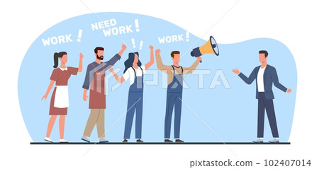 Workers demand jobs from management representative, concept of unemployment. Industrial action, economical crisis, bankrupt company, protest demonstration Vector cartoon flat illustration Workers demand jobs from management representative, concept of unemployment. Industrial action, economical crisis, bankrupt company, protest demonstration Vector cartoon flat illustration 102407014