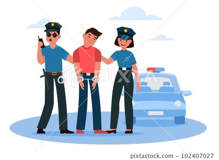 Two policemen and woman arrested criminal and handcuffed him. Lawbreaker punishment. Detention of male citizen, cops and hooligan character. Cartoon flat style isolated vector concept 102407027
